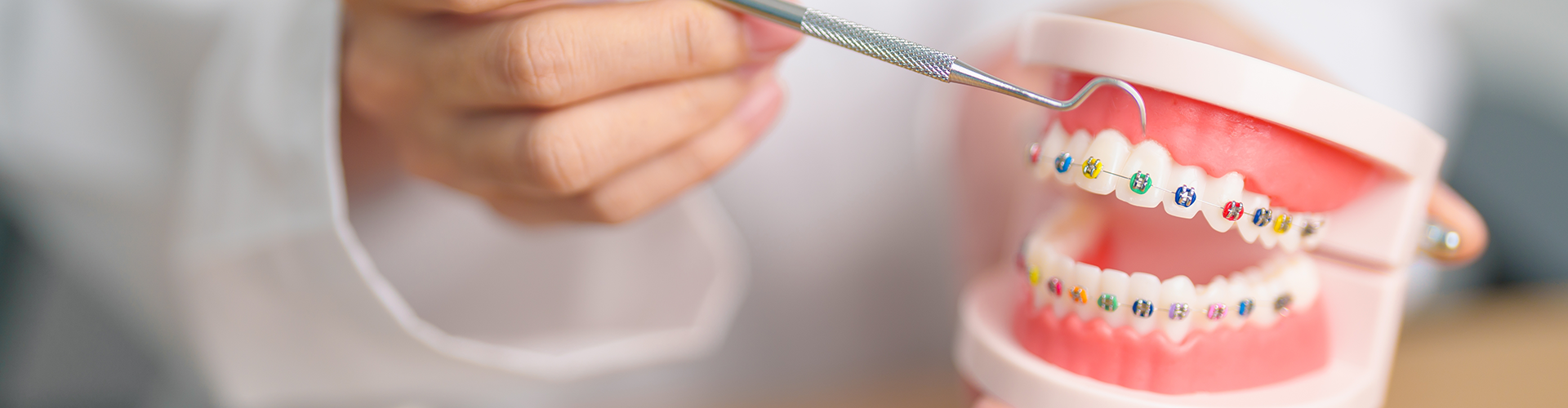 hands holding mouth model with dental braces