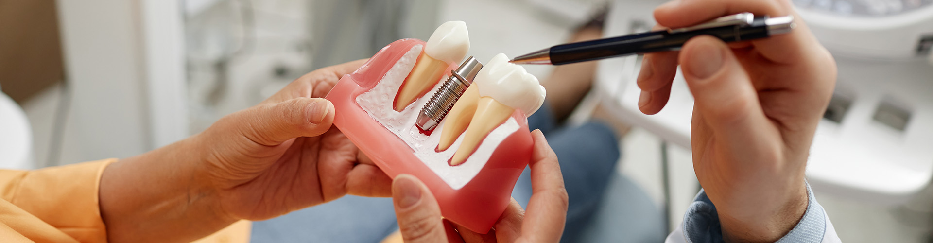 hands holding model of a jaw with an implant